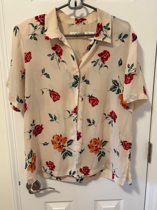 Chaus Tops - Chaus Cream Floral Button-Down Shirt with Red & Orange Roses